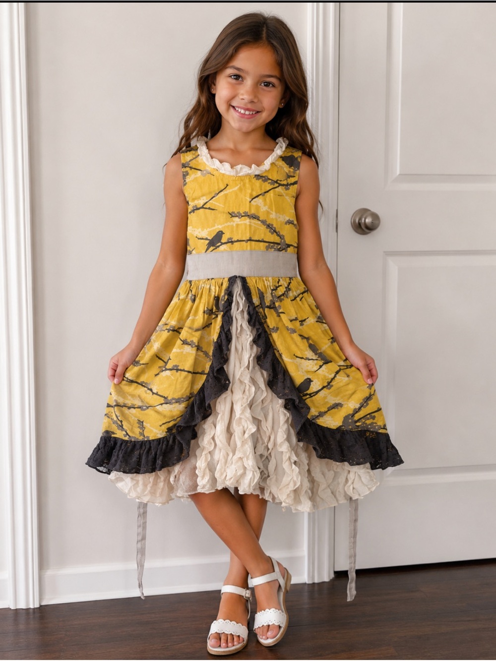 Persnickety Yellow Bird Print Ruffle Dress with Cream Tulle